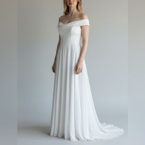 Amy Kuschel BHLDN Off The Shoulder White Minimalist Wedding Dress Gown Size 6
